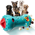 Adjustable teal and coral treat-dispensing dog roller with kibble