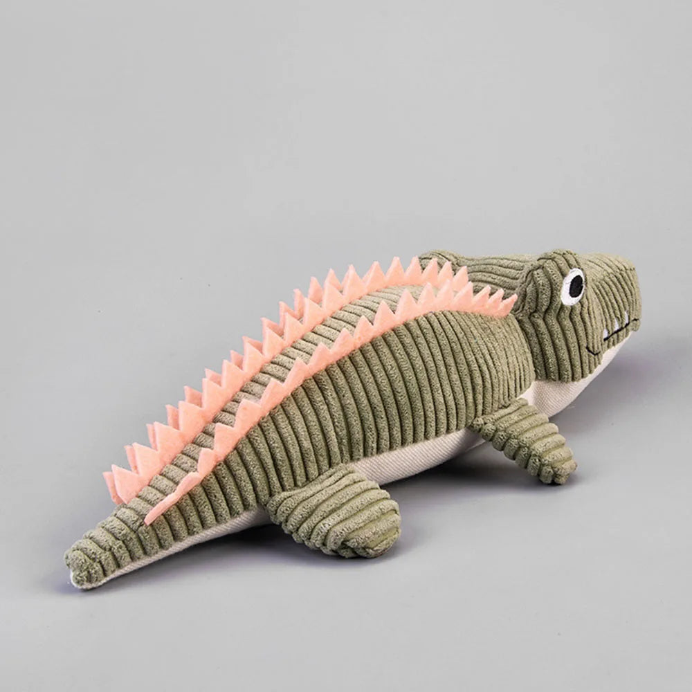 Gray crocodile plush toy from the side