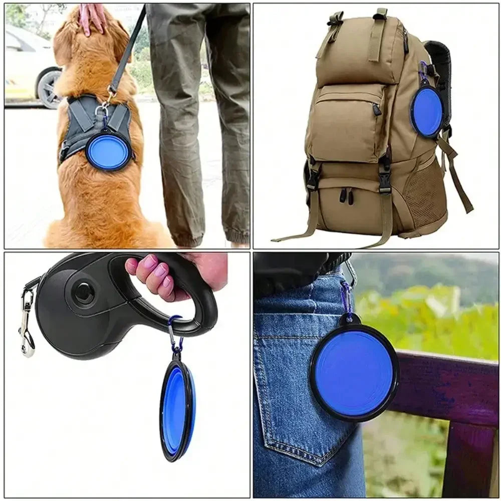 Travel bowl clipped to a backpack and carried on a walk