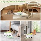Rechargeable pop-up cat toy shown in indoor play spaces