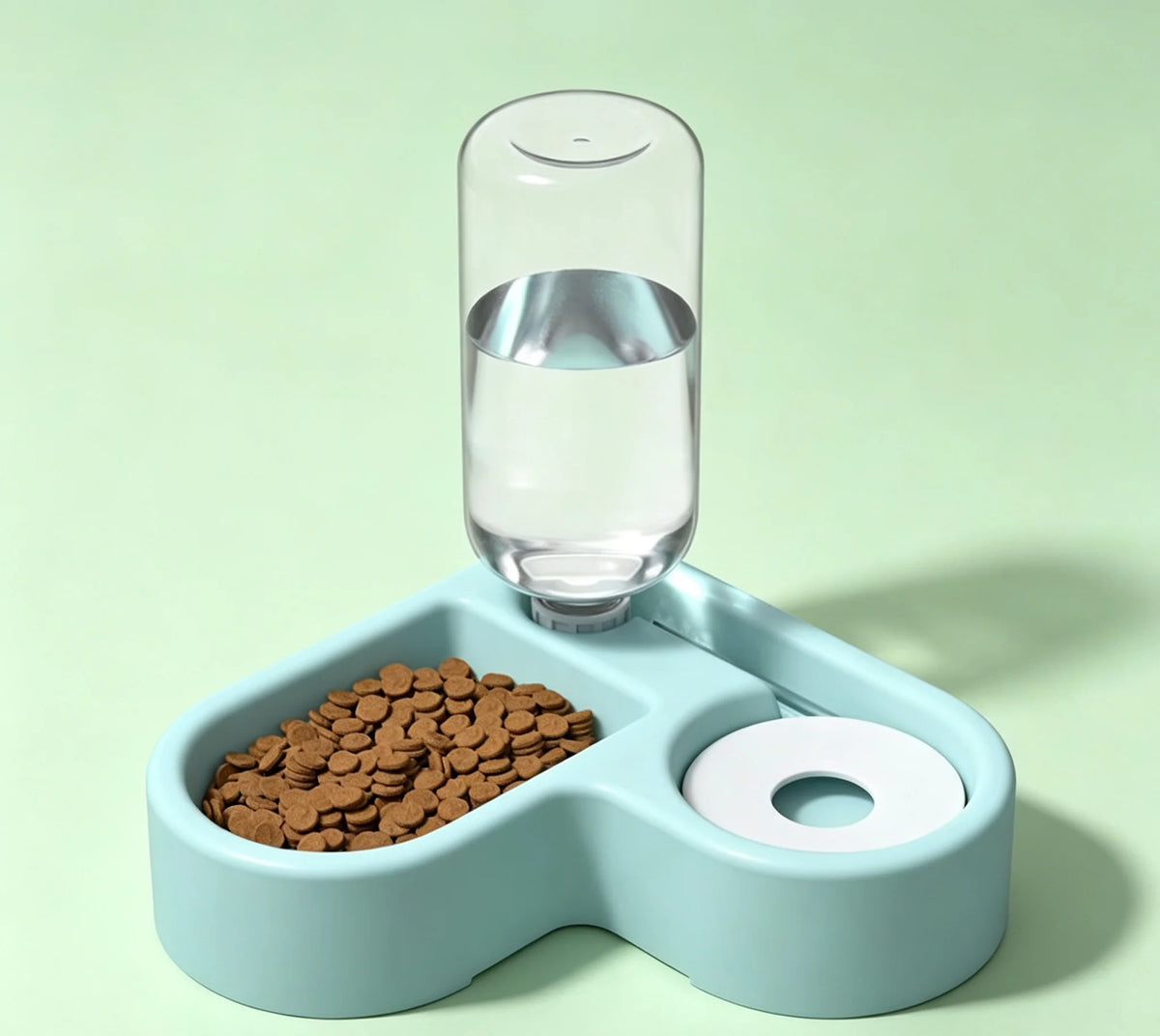 Blue heart-shaped gravity water and food bowl