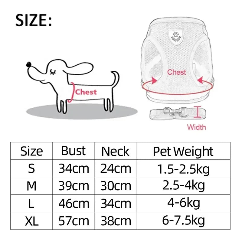 Mesh pet harness measurement chart