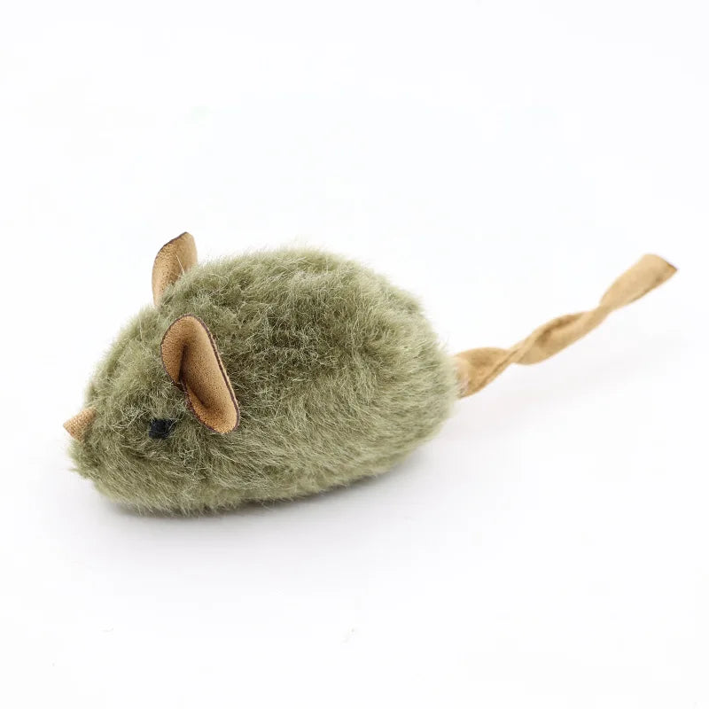 Olive-gray plush mouse toy on white