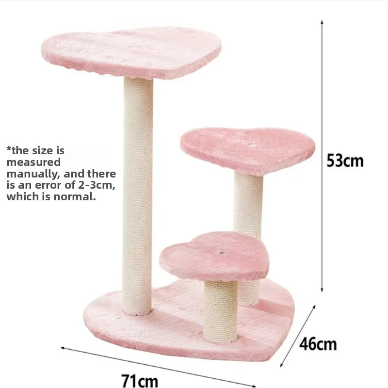 Pink cat tree dimensions: 71 by 46 by 53 centimeters