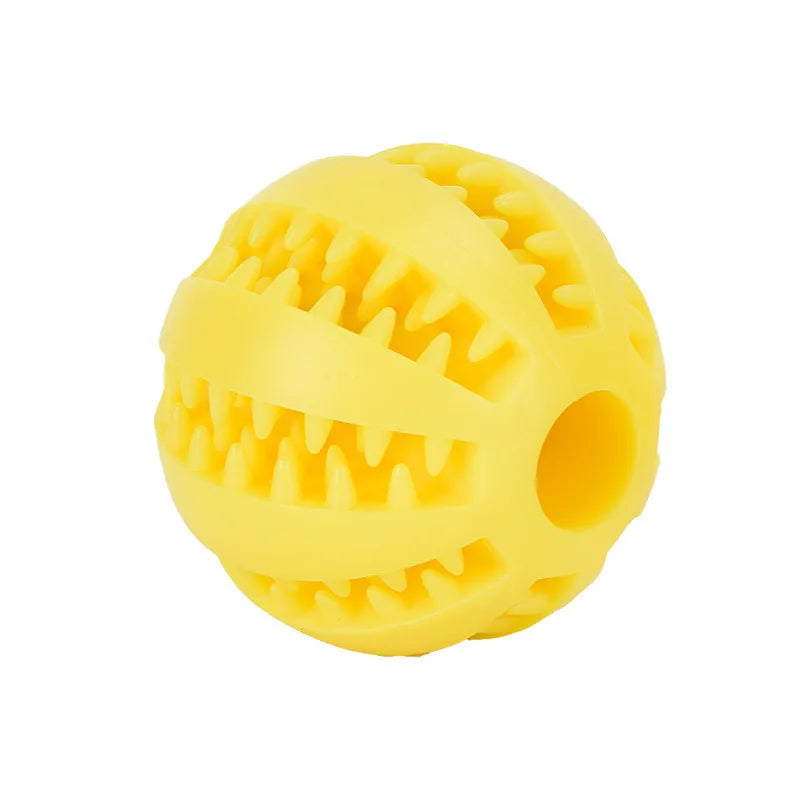 Yellow rubber treat-dispensing dog ball