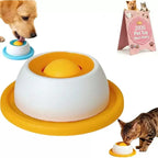 Orange rolling lick feeder shown with a dog and cat