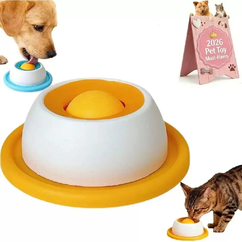Orange rolling lick feeder shown with a dog and cat