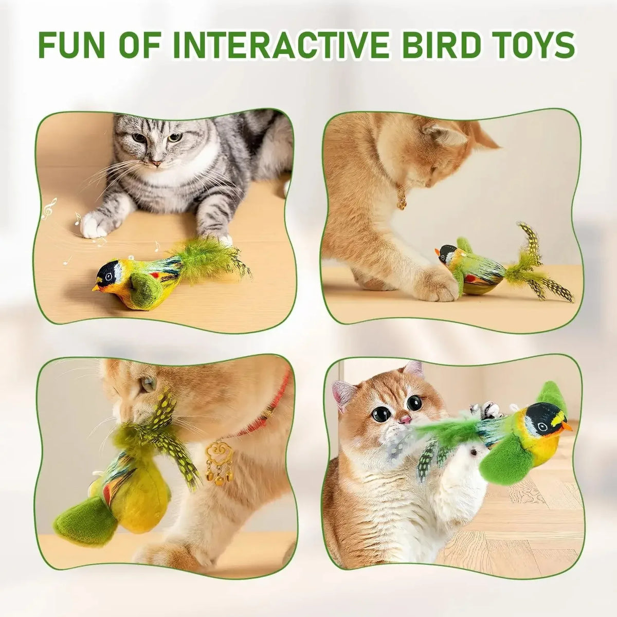 Cats batting and carrying chirping bird toys
