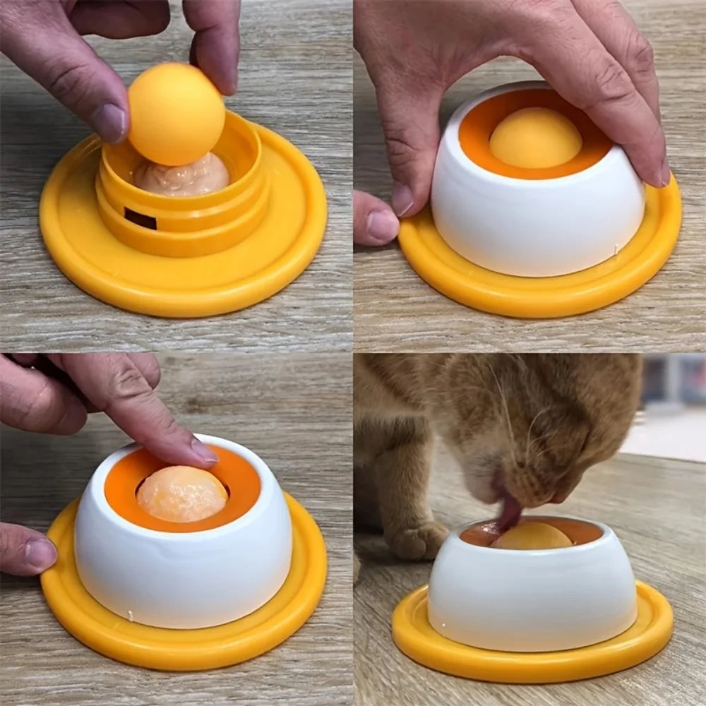 Orange lick feeder shown disassembled and in use