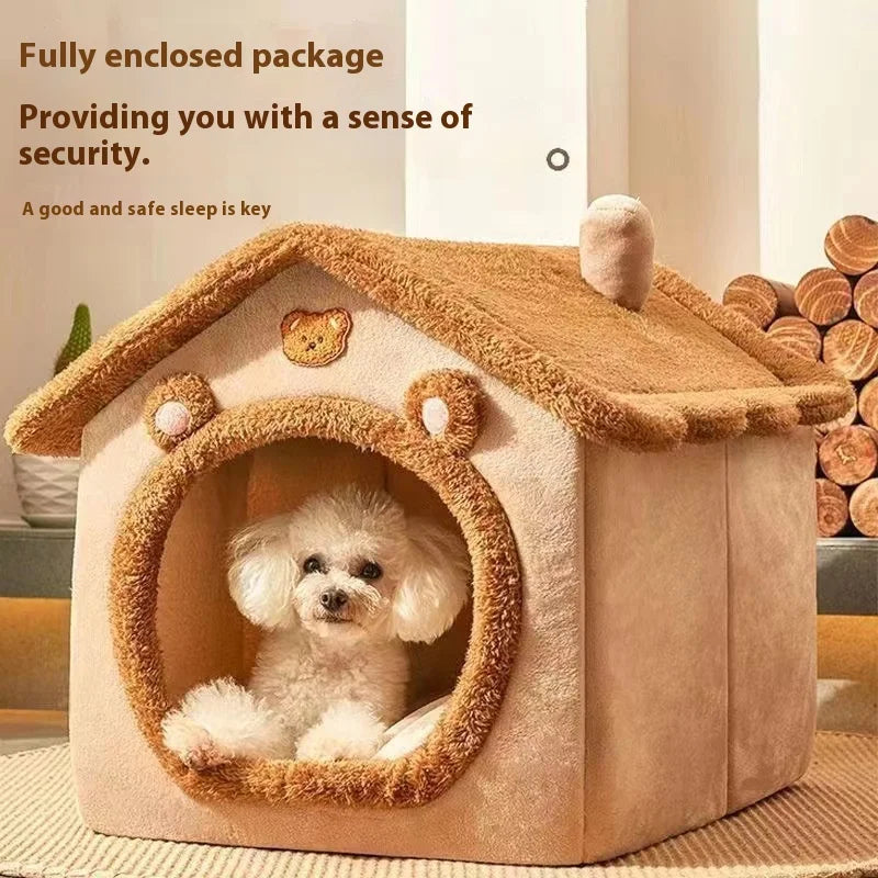 Yellow plush house bed with a small dog resting inside