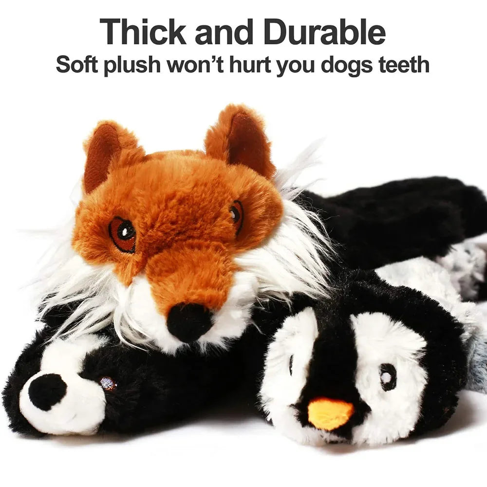 Fox and skunk stuffing-free plush dog toys