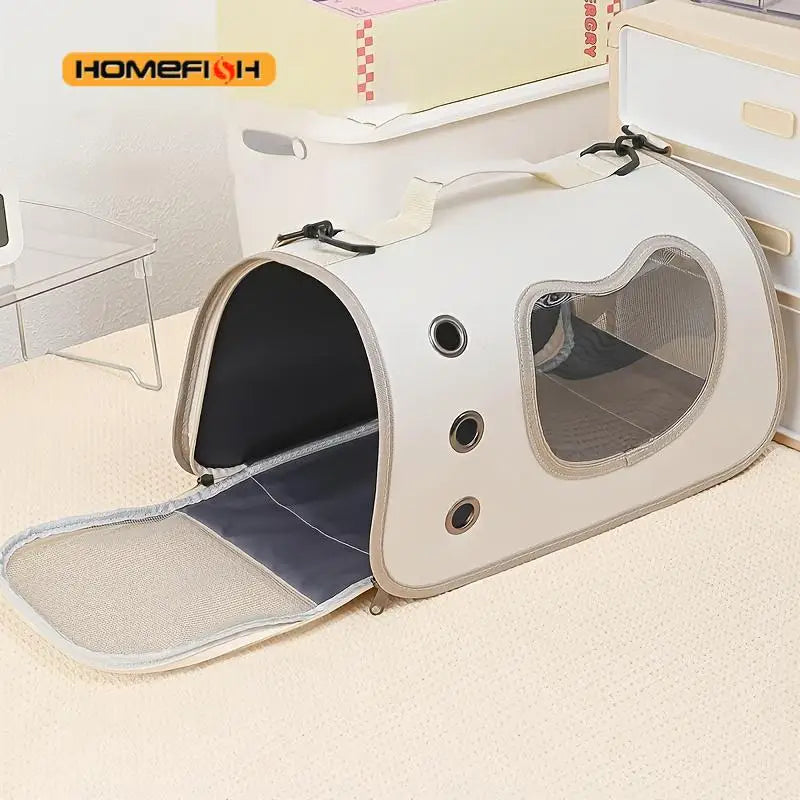 White pet carrier shown with wide opening