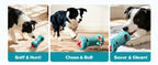 Dog sniffing, rolling and licking the treat dispenser