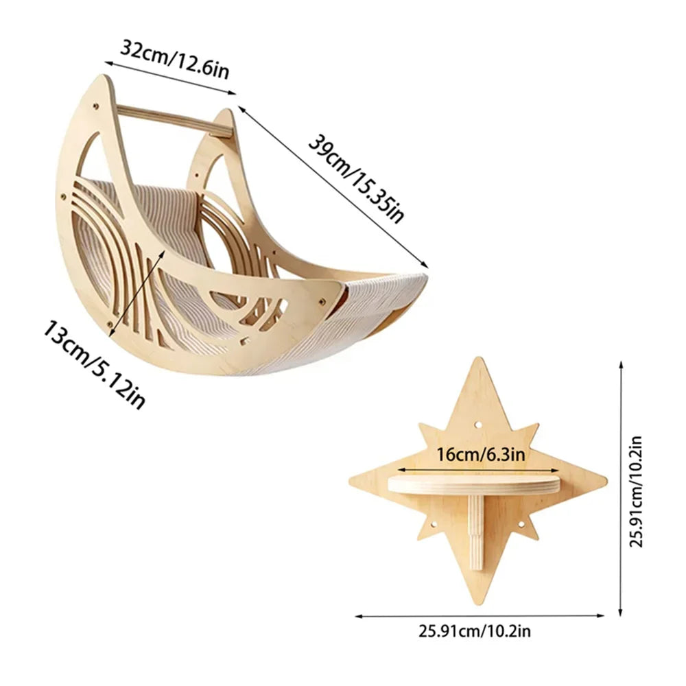 Moon-shaped cat wall hammock with a star shelf