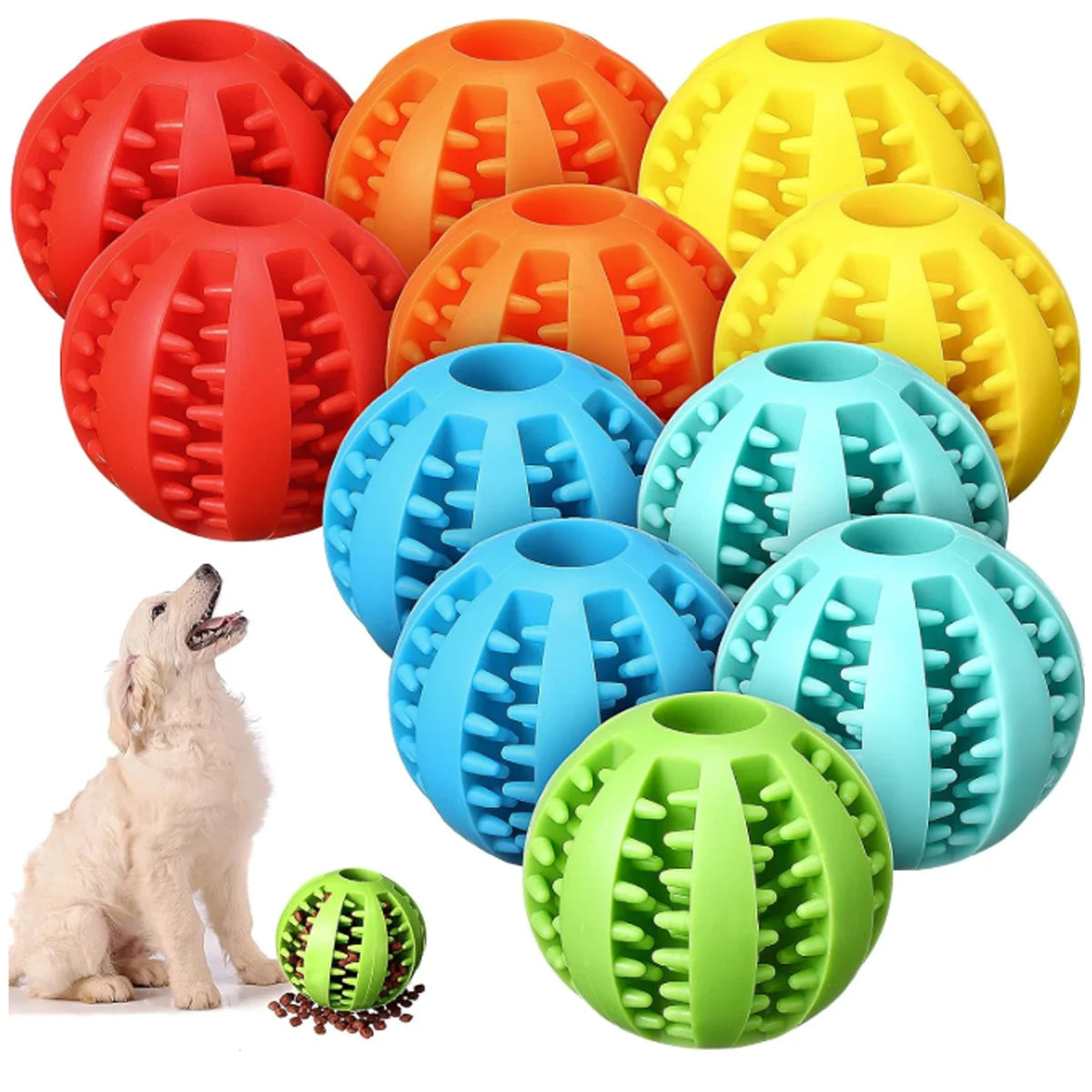 Textured treat-dispensing dog balls in six colors