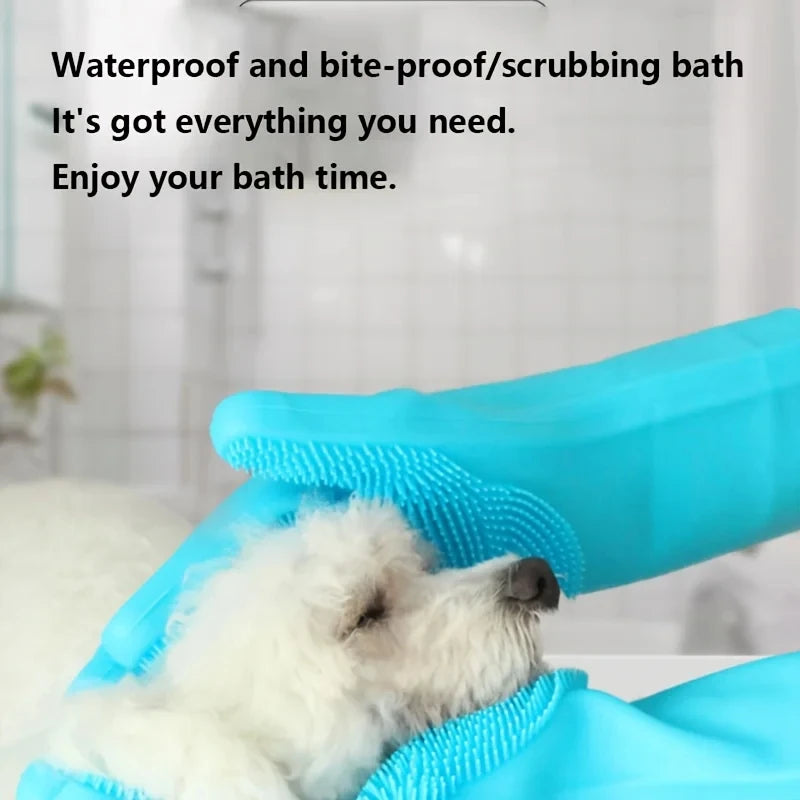 Blue silicone pet bathing gloves in use