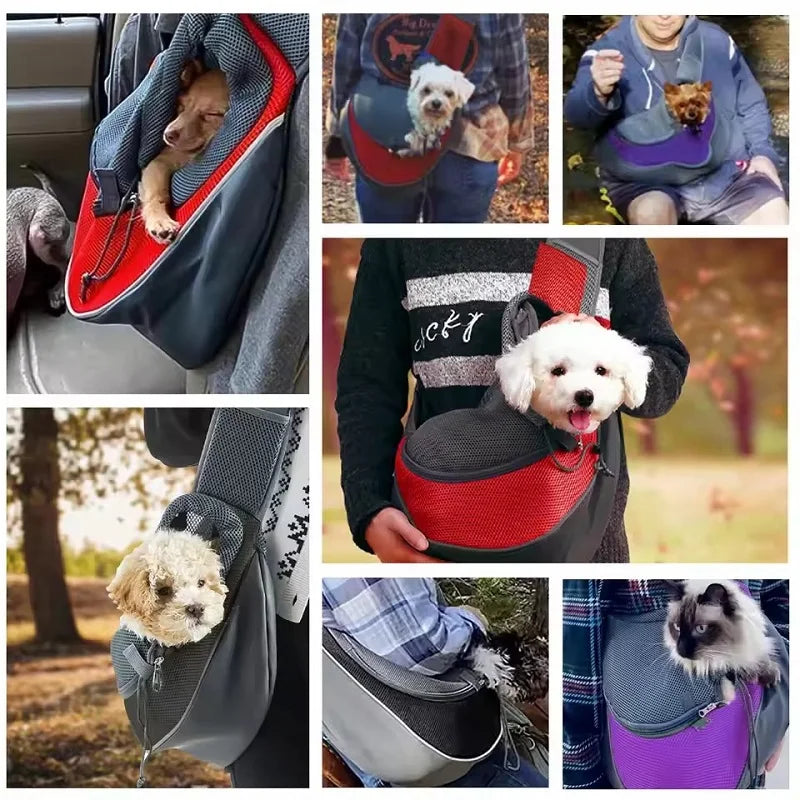 Crossbody pet sling shown in several colors and outing scenes