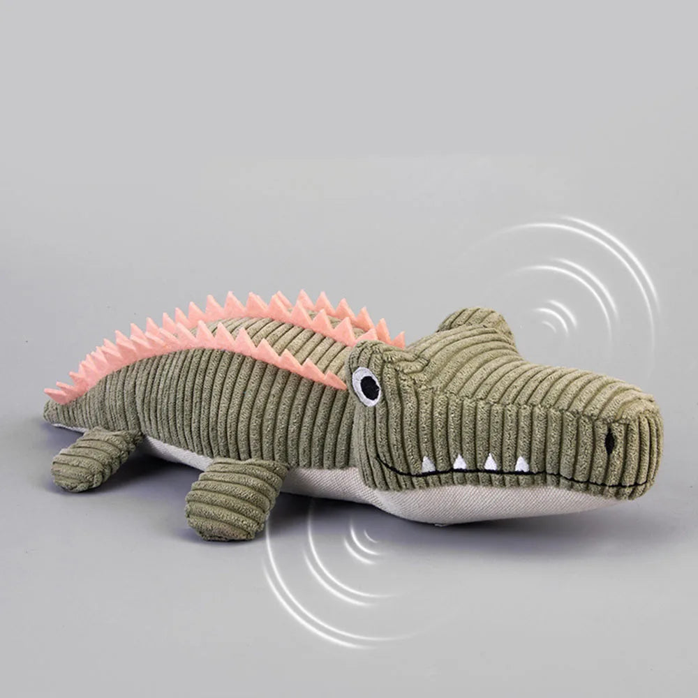 Gray corduroy crocodile squeaky dog toy
