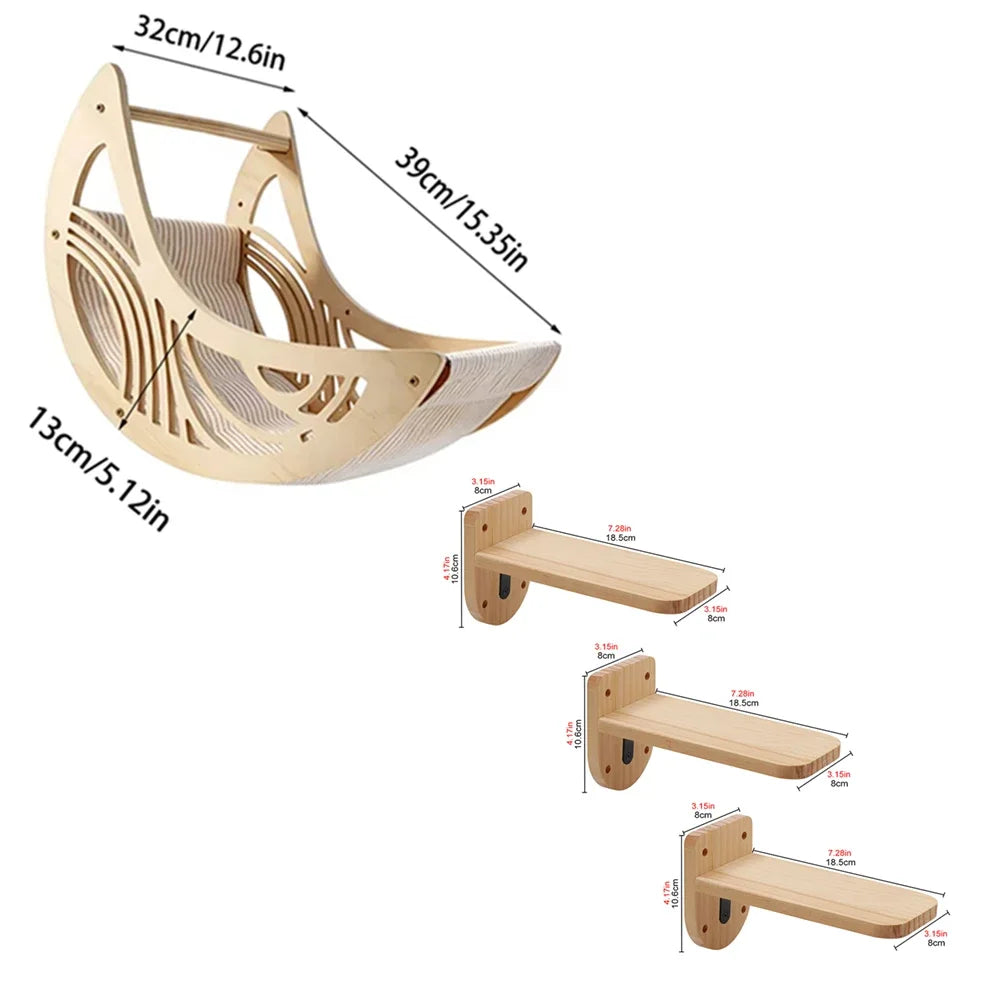 Moon-shaped cat wall hammock with three wide steps