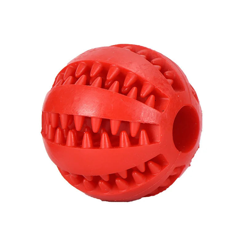 Red rubber treat-dispensing dog ball