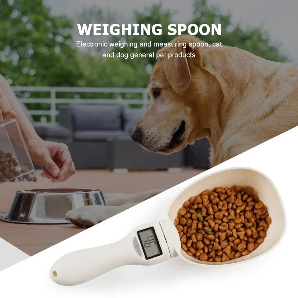 Digital measuring scoop beside a dog food bowl