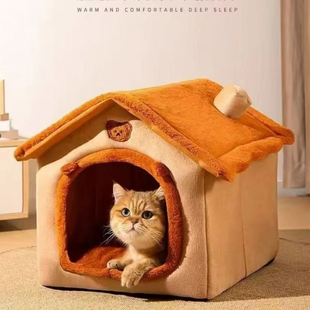 Yellow enclosed pet house bed