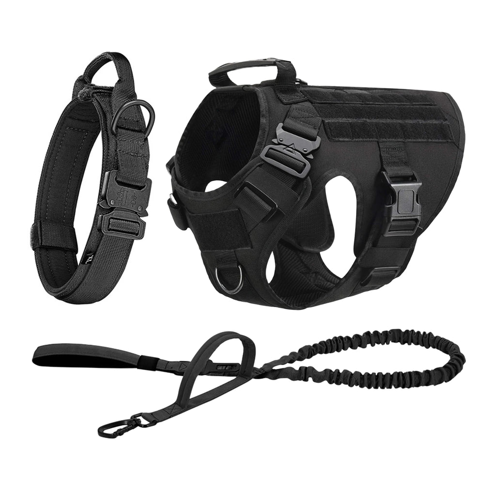 Black Tactical Dog Harness & Walking Set