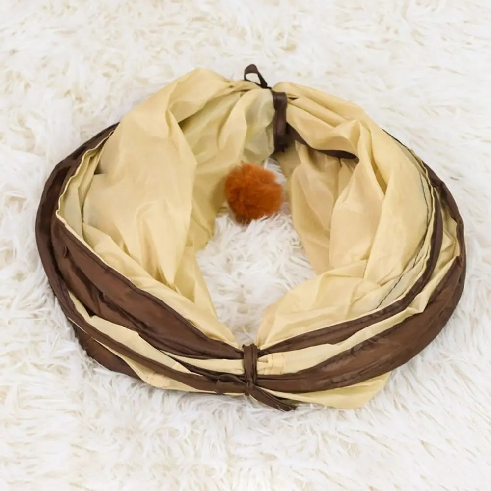 Beige and brown cat tunnel folded for storage