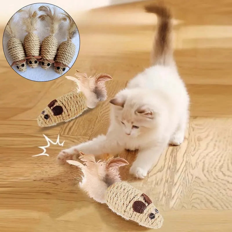 Cats batting sisal mouse toys with feather tails
