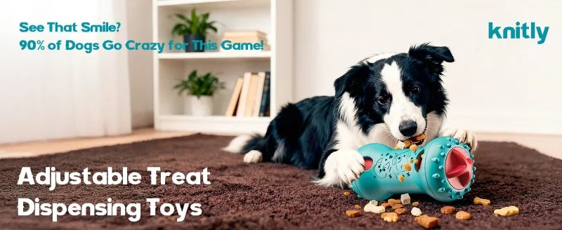 Dog playing with an adjustable treat-dispensing roller