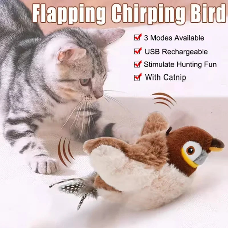 Cat playing with a brown flapping chirping bird