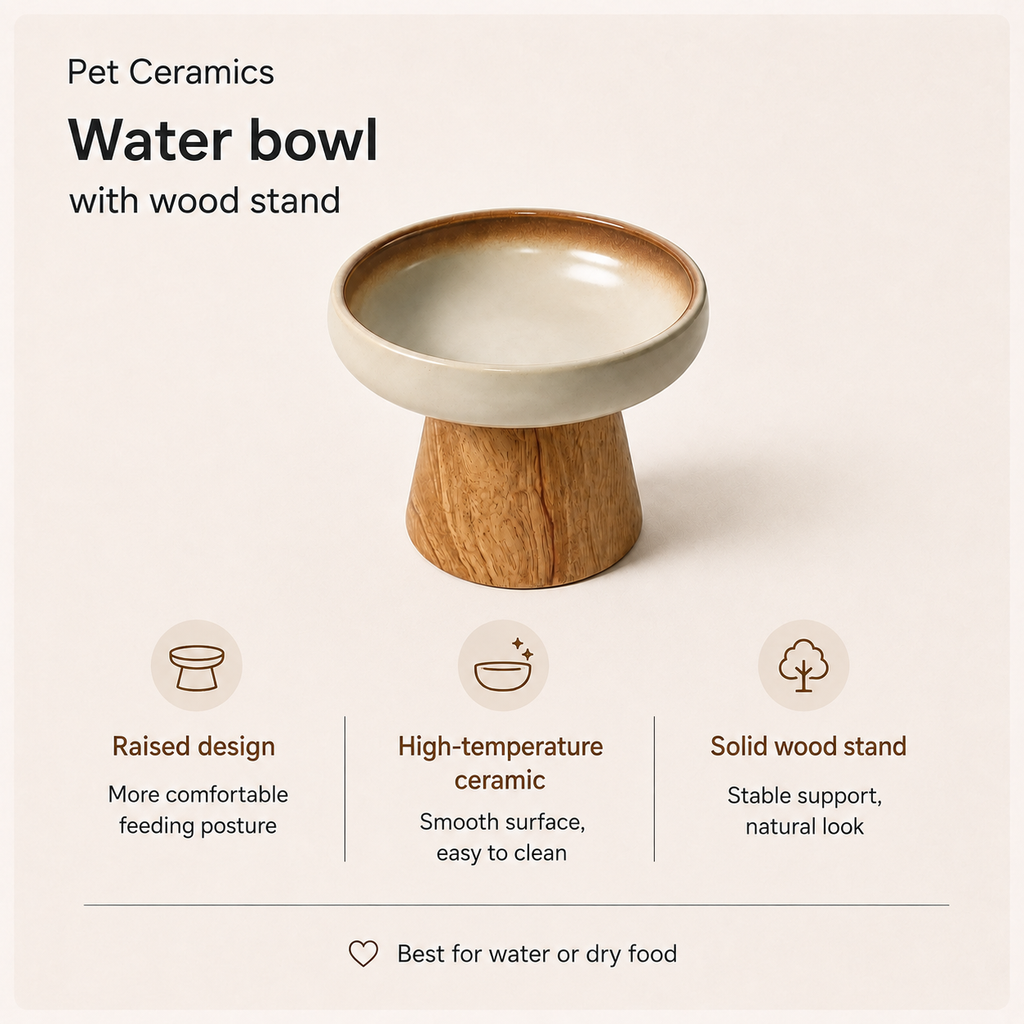 Cream ceramic bowl and solid wood stand with raised-design features
