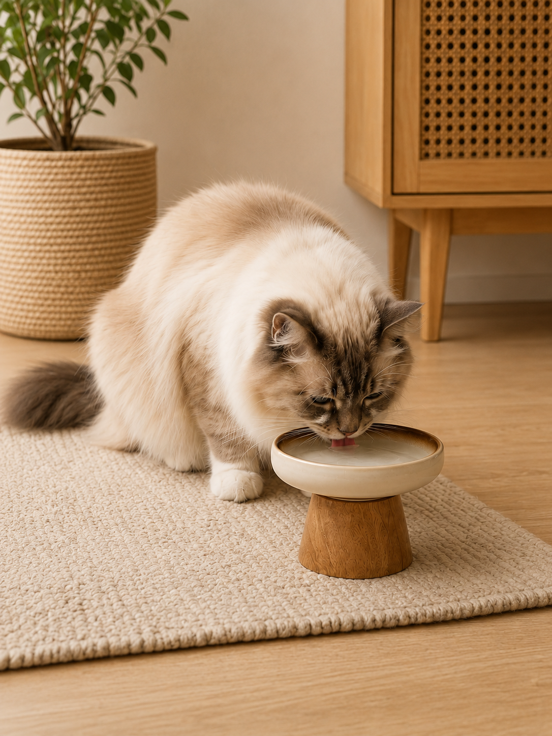 Cat drinking from the cream ceramic bowl on its wood stand