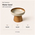 Cream ceramic cat bowl on wood stand dimensions: 5.5 inches across and 3.9 inches high