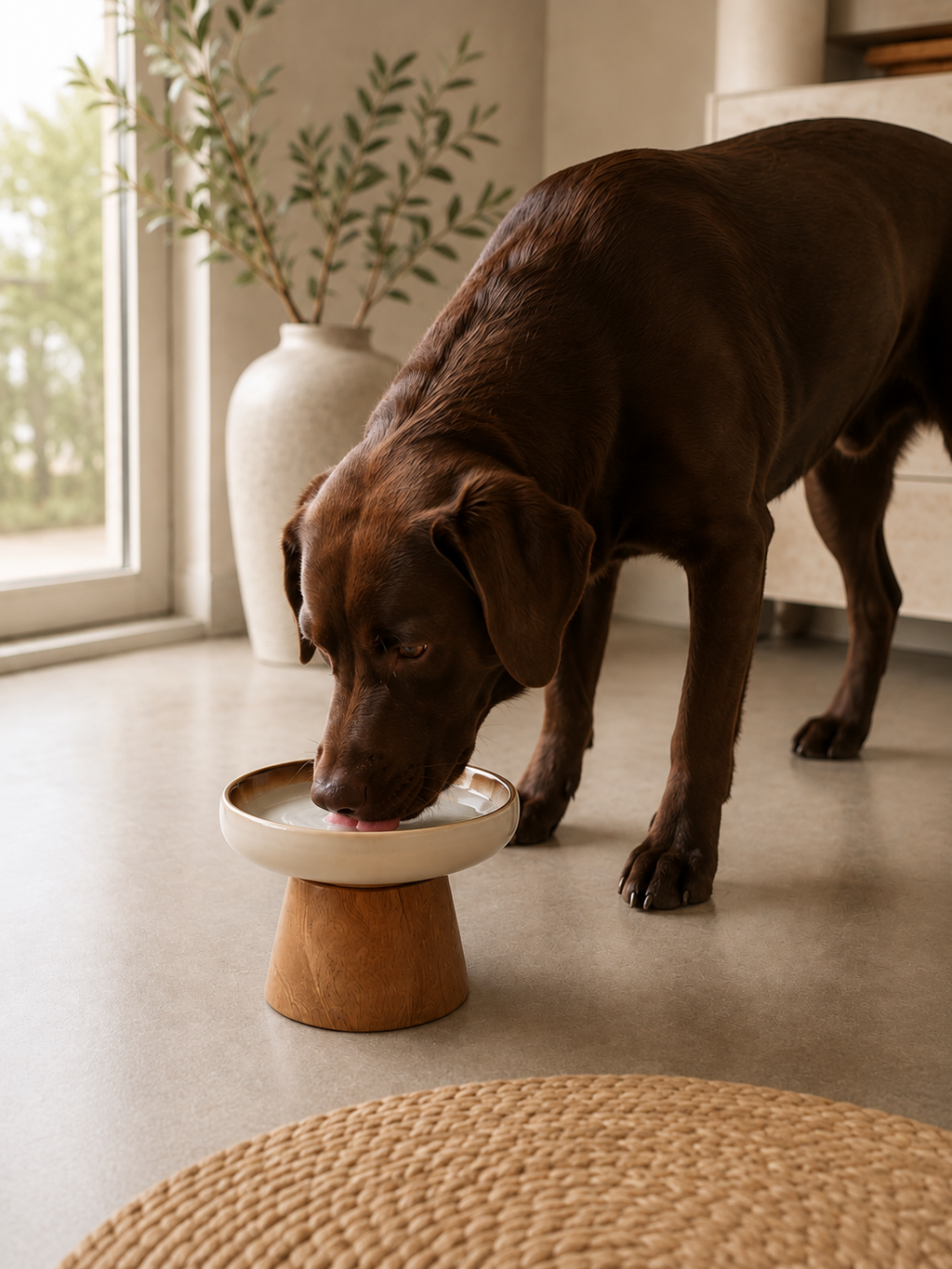 Dog drinking from the cream ceramic bowl on its wood stand
